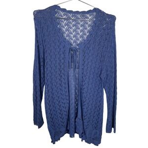 Crochet Cardigan Boho Blue Pointelle Knit Tie Front Scalloped Sweater Medium